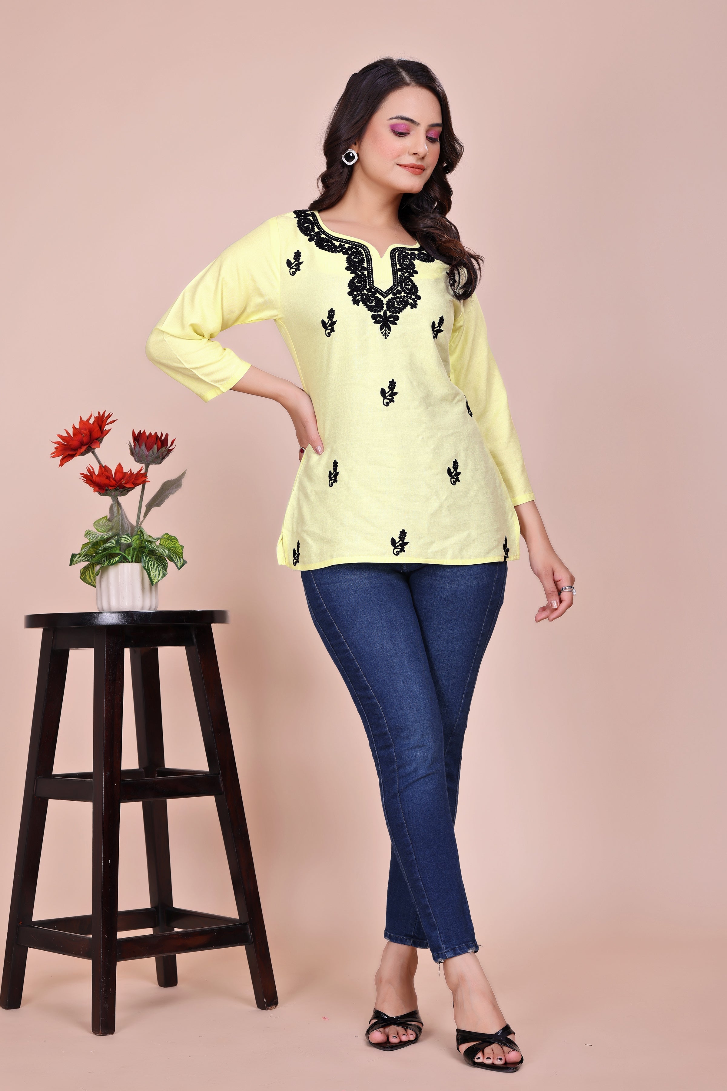 Pastel Yellow Viscose Rayon Embroidered Tunic with 3/4 Sleeves